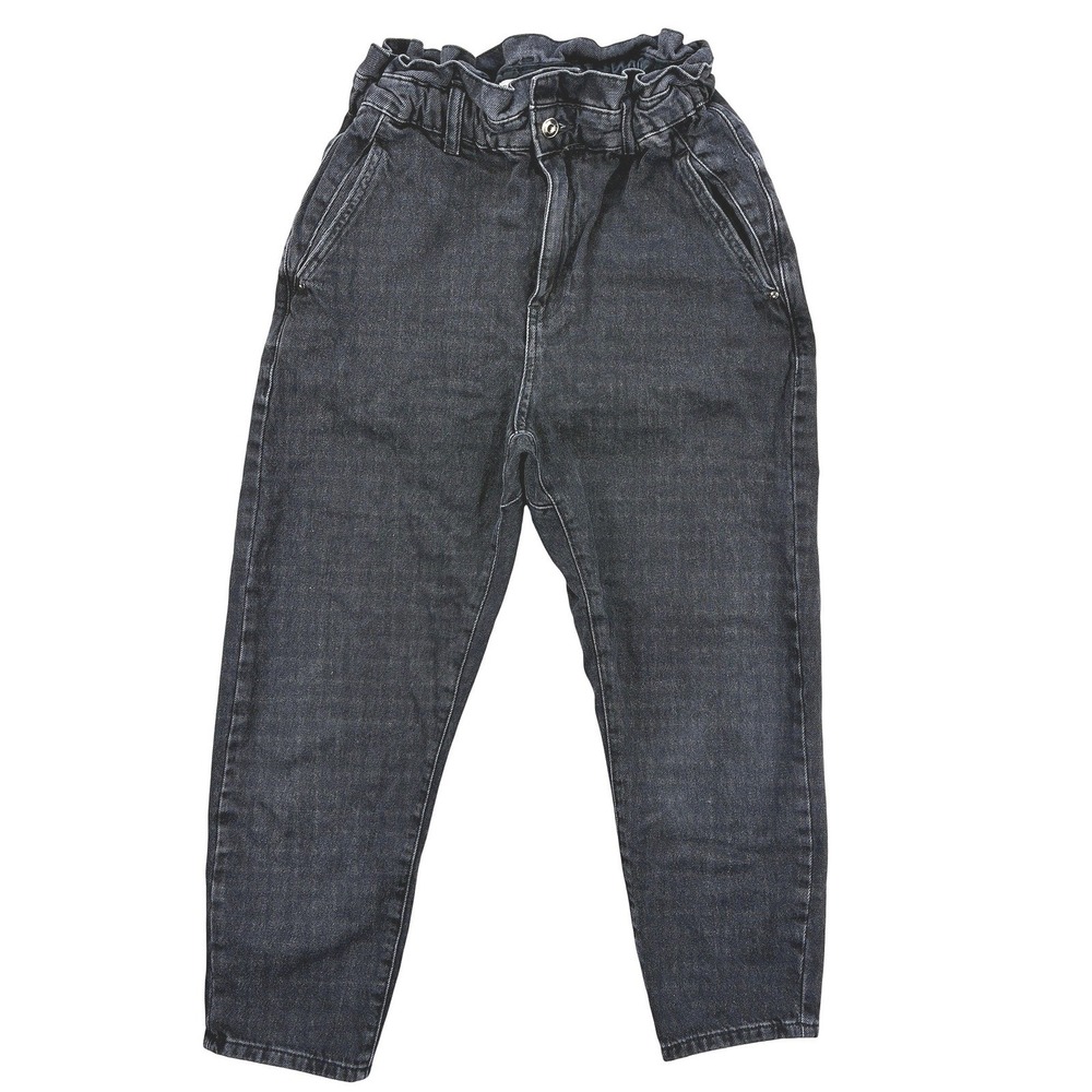 Zara Paperbag Waist High Rise Jeans Womens 6 Black Tapered Mom Casual Denim